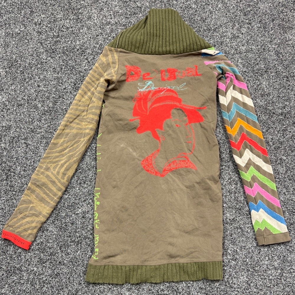 Desigual Sweater Womens M Green Patchwork Turtleneck Tunic Boho Whimsigoth Knit - Picture 7 of 7